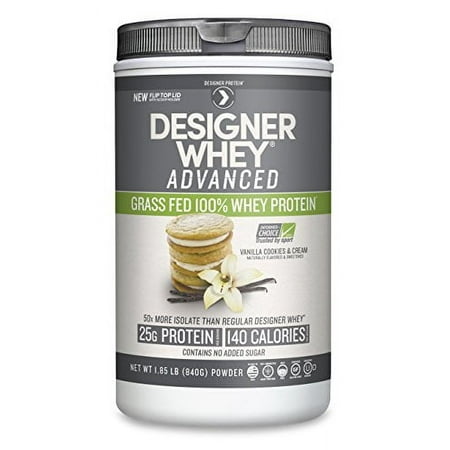 Designer Protein Grass Fed 100% Whey Protein Powder, Vanilla Cookies & Cream, 25g Protein, 1.85 Lb