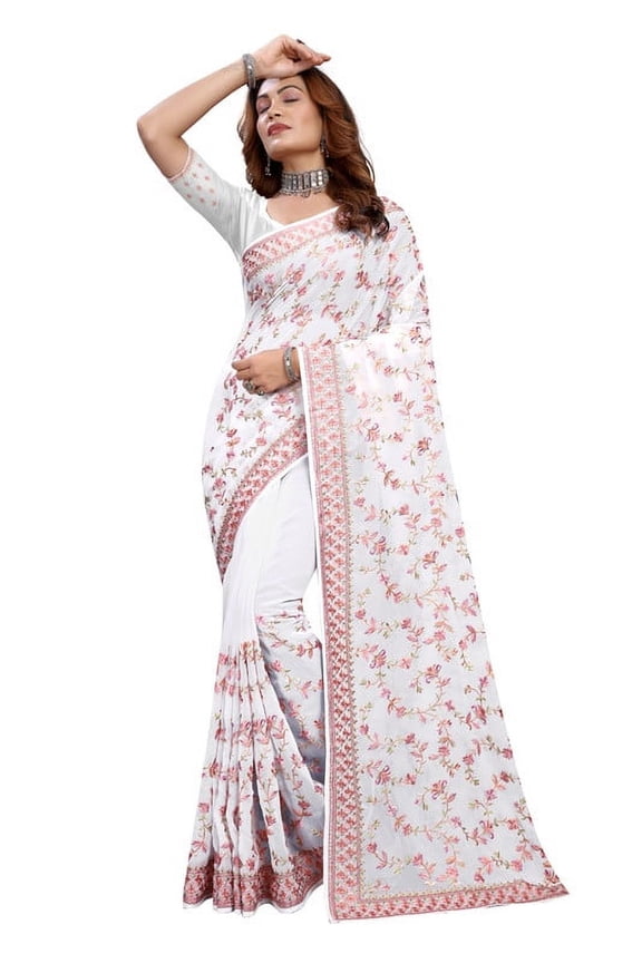 Designer White Heavy Resham Embroidery Georgette Saree