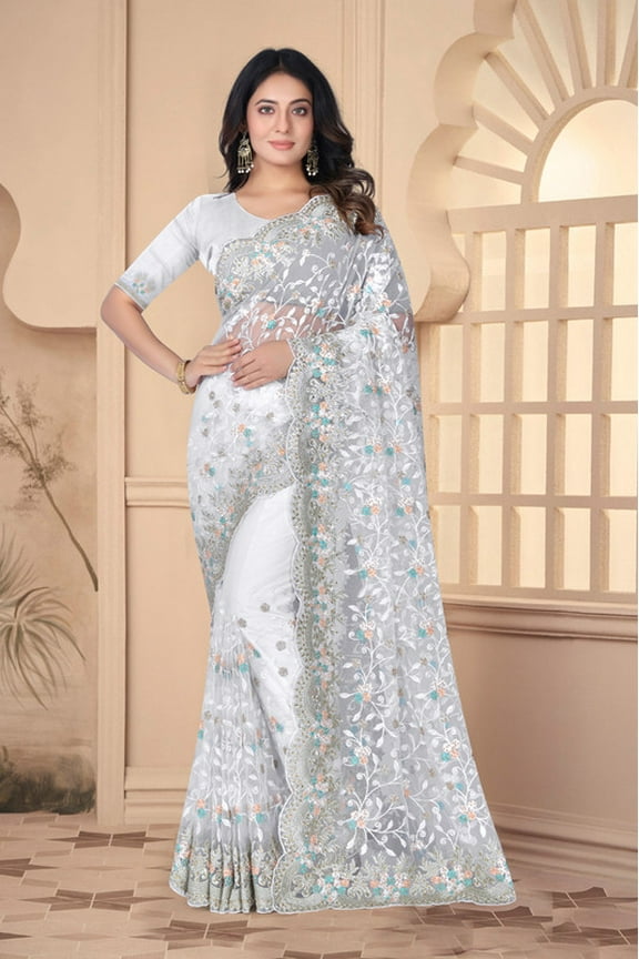 Designer White Resham Embroidery Work Net Saree