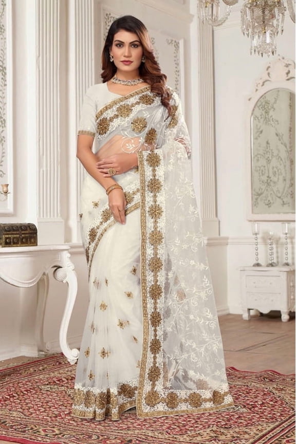 Designer White Resham Zari Embroidery Net Saree