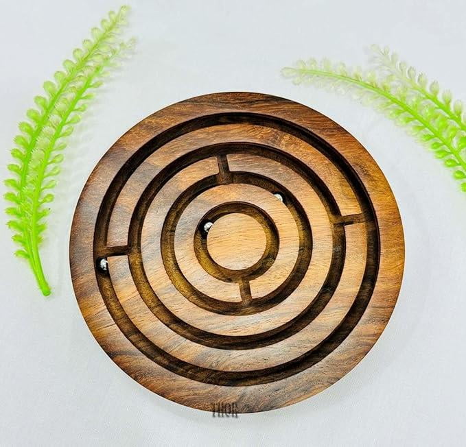 20cm Diameter Wooden Labyrinth Maze Puzzle Board Game With 3 Silver - View #4