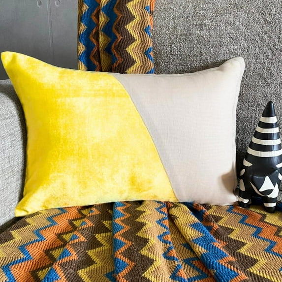 Designer Yellow 12"x18" (30x45 cm) Lumbar Pillow Cover, Velvet & Linen Solid Color Block Oblong Pillow, Patchwork Pattern Modern Style - Velutinous Yellow