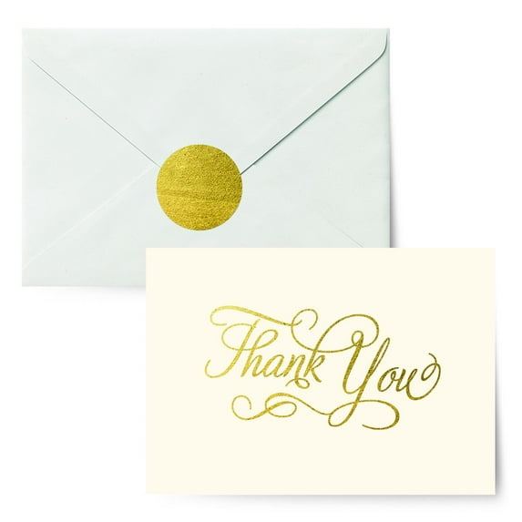 Designer greetings Bulk Blank Thank You Cards for Any Occasion, Gold Foil Embossed Script (50 Foil-Embossed Thank-You Notes and Envelopes), White, (000-06919-001)