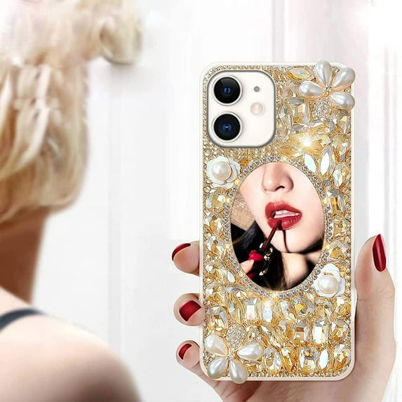 Designer for iPhone 12 & iPhone 12 Pro Mirror Case with Bling Gemstone,3D Glitter Sparkle Diamond Phone Case,Luxury Shiny Crystal Rhinestone Protective Cover for Women/Gril(Gold Gems)