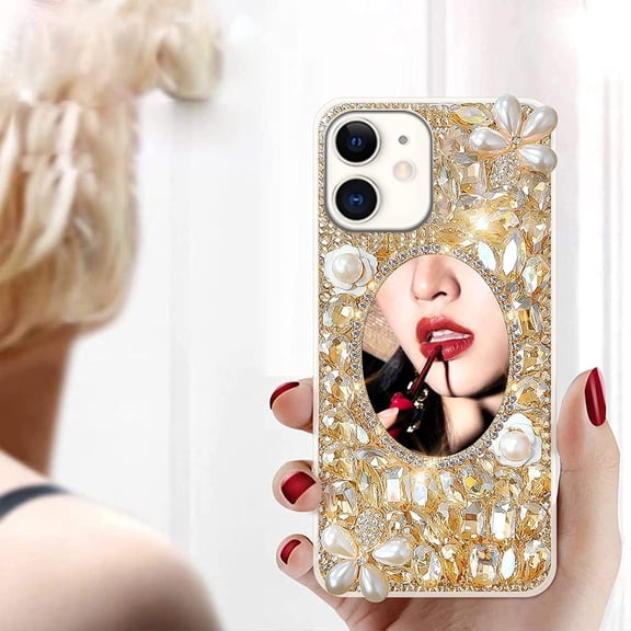 Designer for iPhone 12 & iPhone 12 Pro Mirror Case with Bling Gemstone,3D Glitter Sparkle Diamond Phone Case，Luxury Shiny Crystal Rhinestone Protective Cover for Women/Gril(Gold Gems)