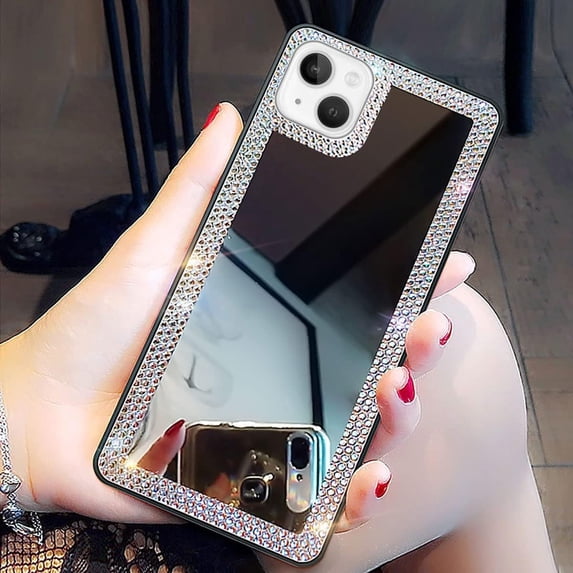 Designer for iPhone 13 Mini Mirror Case for Women with Bling Rhinestone, Stick on Mirror for Phone Case,Luxury Shiny Crystal Protective Cover for Outdoor Makeup for Girl(Glitter Diamond)