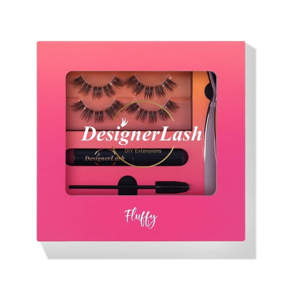 DesignerLash Kit-Fluffy Black Eyelash Extension Kit - Enhance Your Look with 2 Sets of Lashes with Adhesive, Tools & Brush
