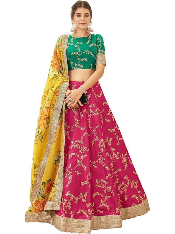 Indian Style Lehenga for Women Pink Flared Skirt with Embroidered Green Choli with Dupatta for Women Pakistani Reception Mehendi Haldi Wear