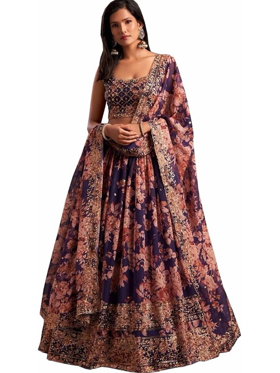 Purple Floral Lehenga Choli Blouse for Women, Sleeveless Scoop Neck Embroidered Crop Top, Wedding Festive Party Wear Ethnic Indian Lengha Choli