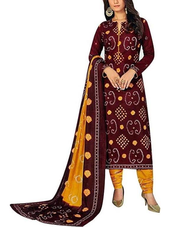 Women Maroon Bandhani Print Salwar Kameez Set with Dupatta, Churidar Pants, Indian Casual Shalwar Suit