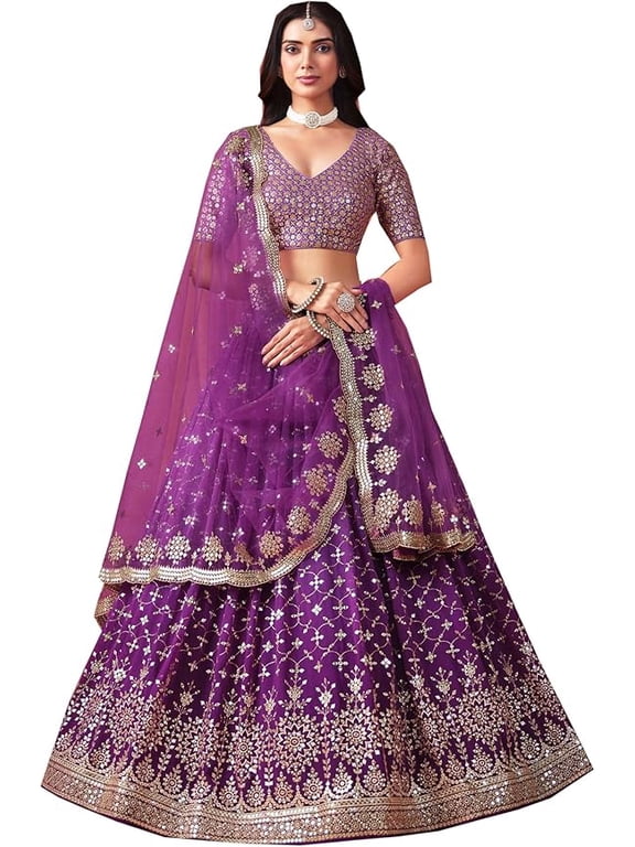 Women’s Designer Lehenga Choli Set Purple, Embroidered Blouse, Indian Pakistani Choli with Net Dupatta