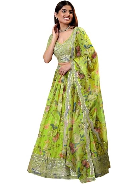 Women’s Green Floral Print Lehenga Choli Set with Embroidery and Dupatta Indian Ready to Wear Lengha Choli