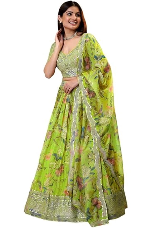 Women’s Green Floral Print Lehenga Choli Set with Embroidery and Dupatta Indian Ready to Wear Lengha Choli