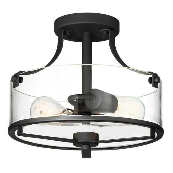Jedrek 12.5 in. 2-Light Black Industrial Entryway Semi-Flush Mount with Clear Glass Shade