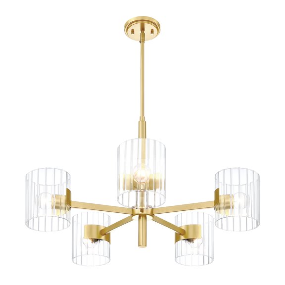Designers Fountain Aries 28 inch 5-Light Brushed Gold Transitional Chandelier with Ribbed Glass Shades, D284C-5CH-BG