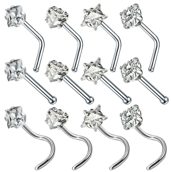 Designice 12Pcs Nose Rings 20G Cubic Zirconia Mix Style Nose Studs Shiny Nose Piercing Jewelry