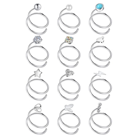 Designice 12Pcs Nose Rings Butterfly Double Hoop Nose Rings Surgical Steel Nose Piercings Silver