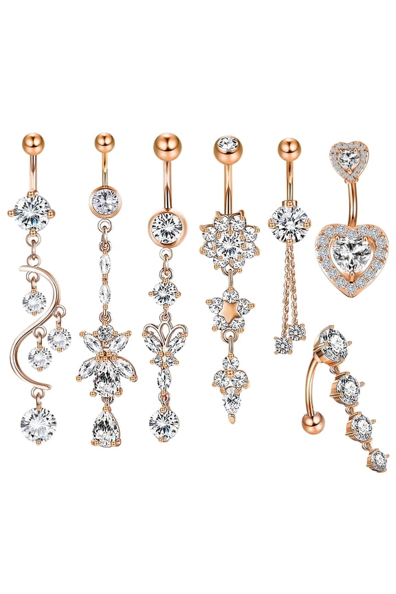 14G Belly Button Ring,Long Belly,Button Navel Rings,Piercing Jewelry,Rose Gold,7 Pcs