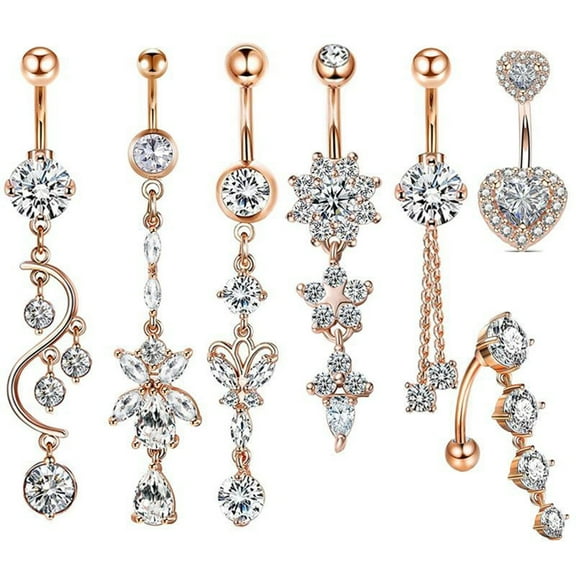 Designice 14G Belly Button Ring,Long Navel Rings Belly Button Piercing,7Pcs,Rose Gold