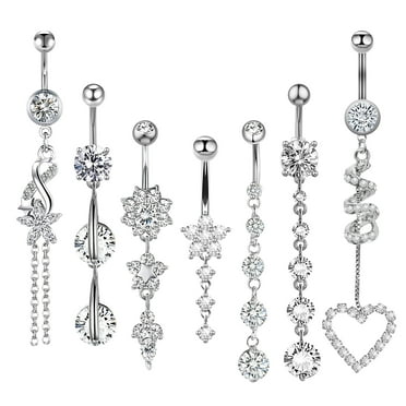 Designice 14G Belly Button Ring,Long Navel Rings,Dangle Belly Button Piercing,7Pcs,Silver
