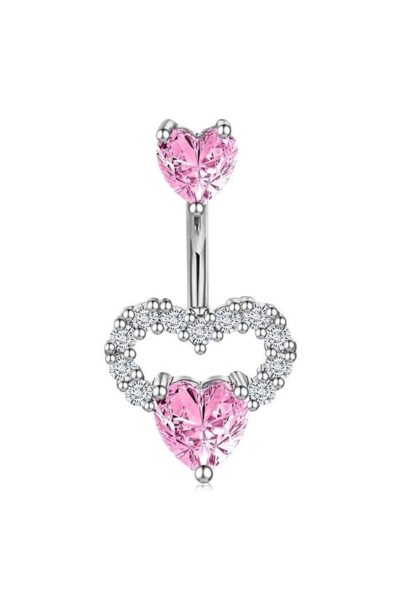 14G Belly Button Ring,Heart Navel Rings,Shiny CZ Belly Button Jewelry,Pink