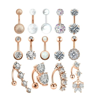 Designice 14Pcs Belly Button Ring Dangle Curved Navel Rings Surgical Steel Piercing Jewelry