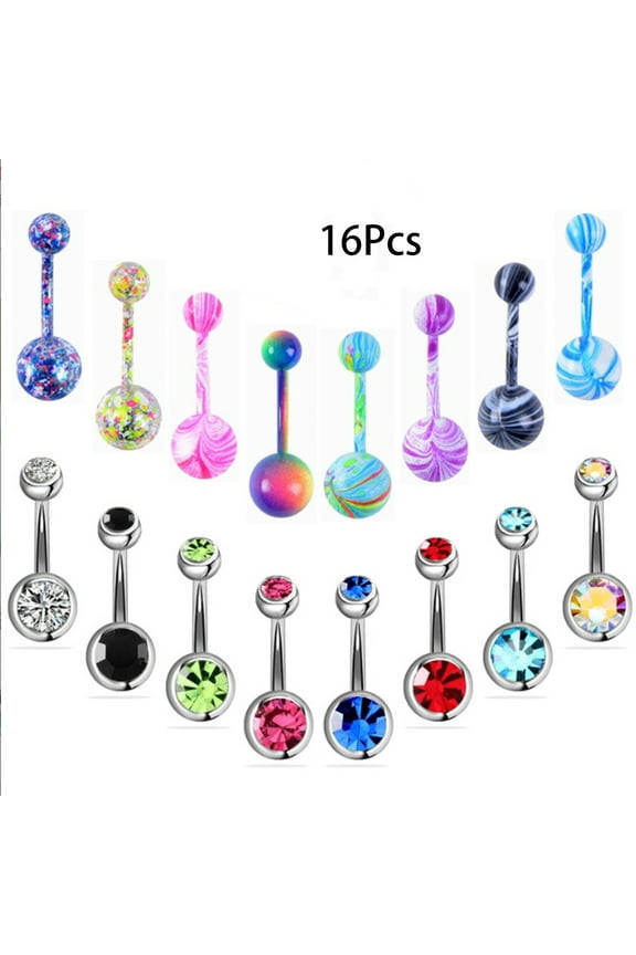 16Pcs Belly Rings,316L Surgical Steel Hypoallergenic Belly Button Rings,Suitable for Belly Button Piercing Tool,Sparkling Rhinestones,Long-Lasting Color