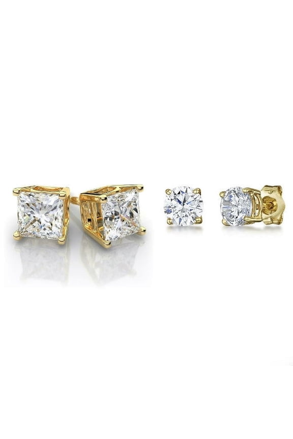 18K Gold Plated Stud Earrings Round Men Women 2PC CZ Earrings Set