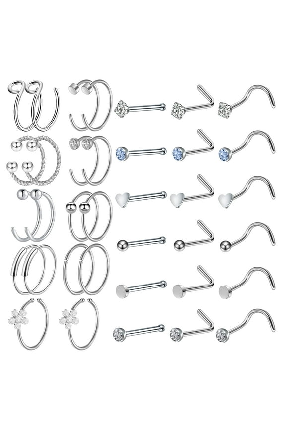 Cubic Zirconia Nose Piercings Great Gift for Women,Stainless Steel Electroplated Silver 36Pack
