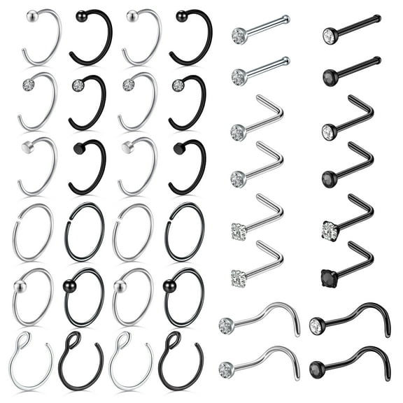 Designice 20G Nose Rings Multi Shape Nose Rings Hoops Surgical Steel Nose Piercings,40 Pack