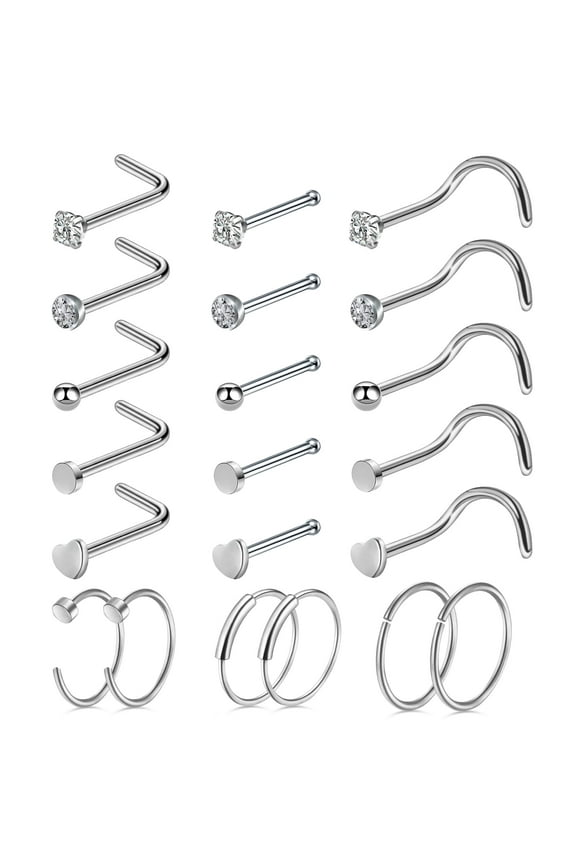 21Pcs Nose Rings L Shaped Nose Studs 20G Hoop Nose Rings for Women Nose Piercing Jewelry