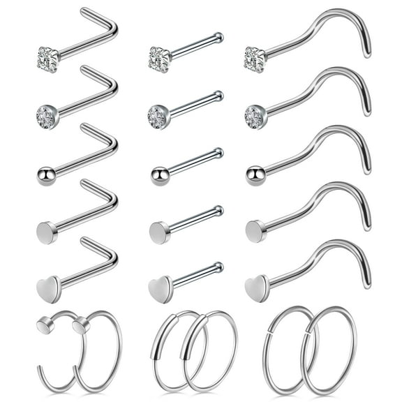 Designice 21Pcs Nose Rings L Shaped Nose Studs Hoop 20G Surgical Steel Nose Piercing Jewelry