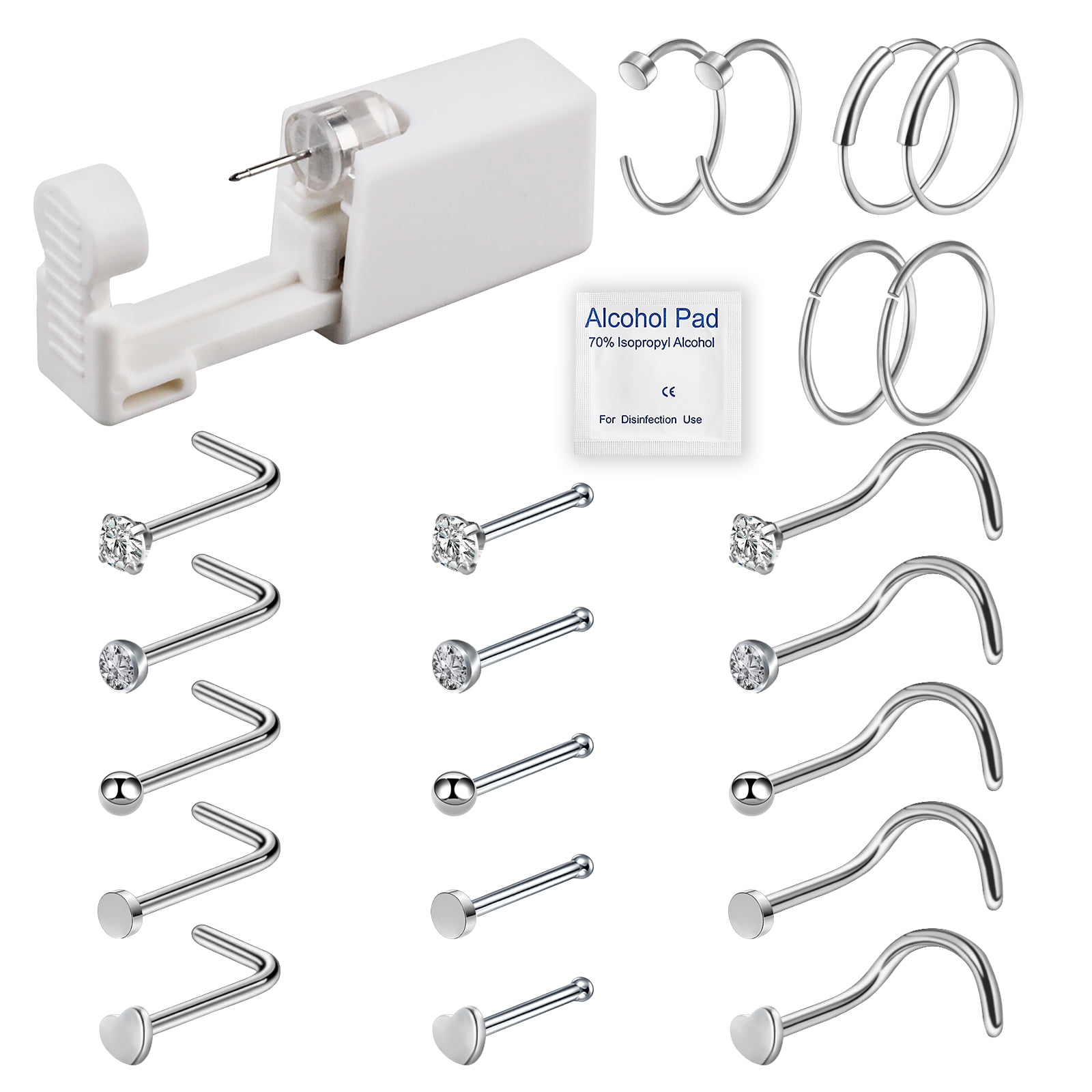 Designice Nose Piercings Kit Disposable Nose Piercing Gun Safety Self Nose Stud Hoop (23 Pcs)