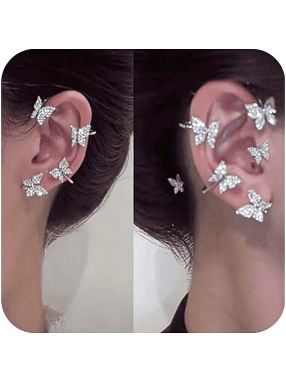 2Pcs Zircon Butterfly Ear Cuff Earrings for WomenNo Piercing Ear ClipWrap around Fake Piercing Balls Ear Crawler Rhinestone Wrap