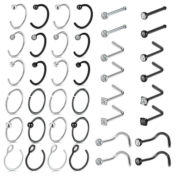 Designice 40Pcs Nose Rings Hoops Multi Shape Nose Screws Cubic Zirconia Nose Piercing Jewelry