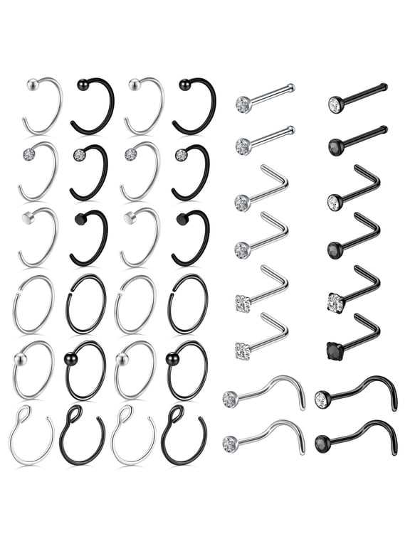 40Pcs Nose Rings Hoops Multi Shape Nose Screws Cubic Zirconia Nose Piercing Jewelry