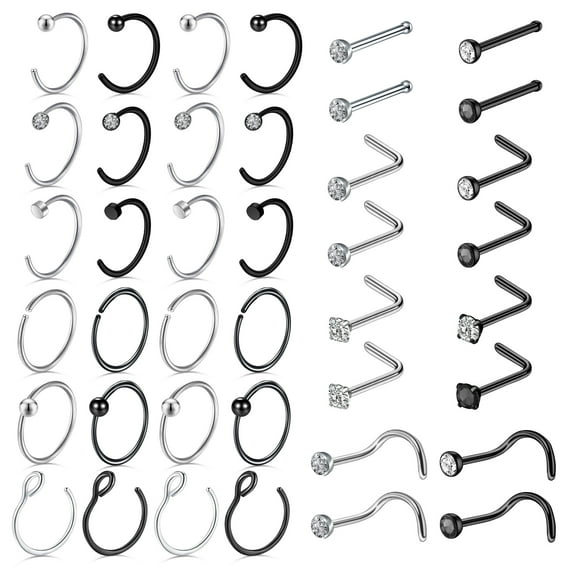 Designice 40Pcs Nose Rings Multi Shape Nose Studs Surgical Steel Nose Piercings Women Men