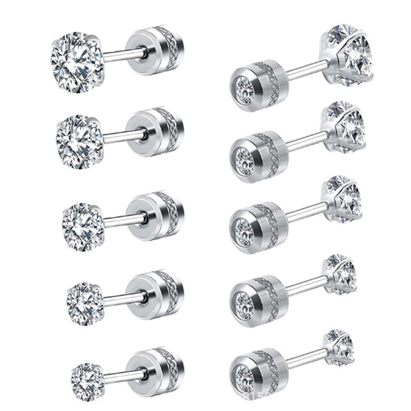 DESIGNICE 5 Pairs Screw Back, High-Quality Cubic Zirconia Flat Back Earrings , Secure Screw Back Closure Helix Piercing Jewelry for Women and Men,Silver
