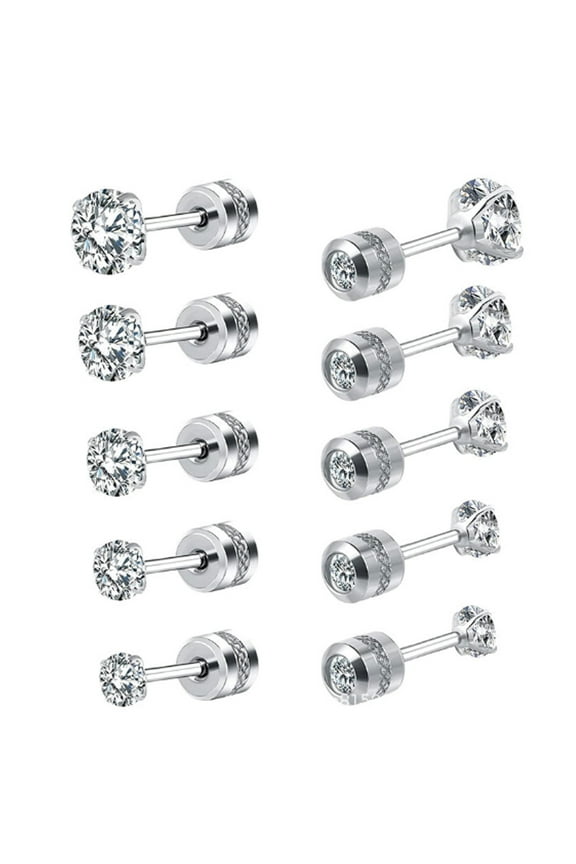 5 Pairs Screw Back, High-Quality Cubic Zirconia Flat Back Earrings , Secure Screw Back Closure Helix Piercing Jewelry for Women and Men,Silver