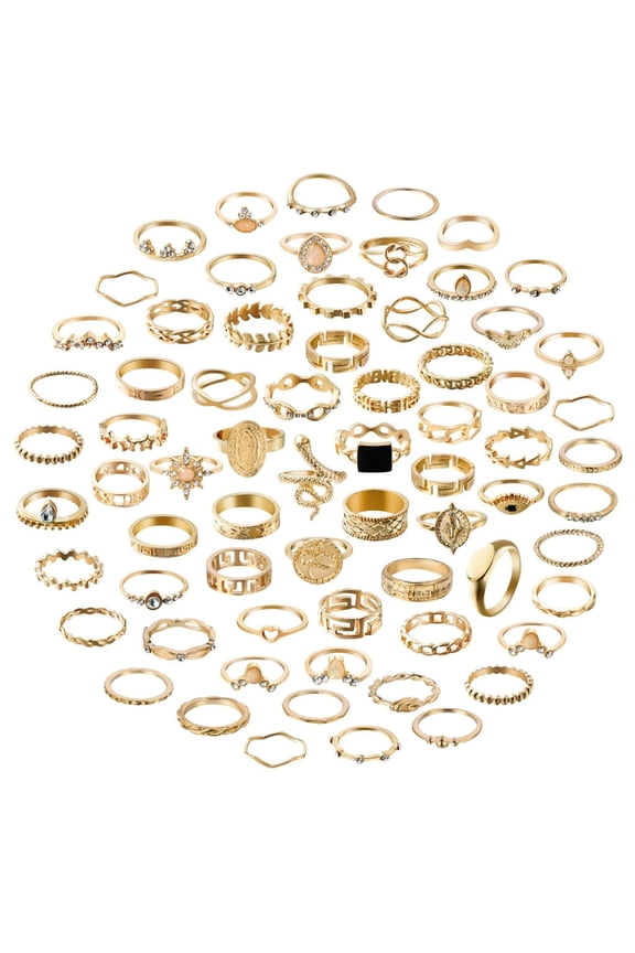 Vintage Chunky Dome Crystal Carved Stackable Finger Rings, Gold, 69 Pcs