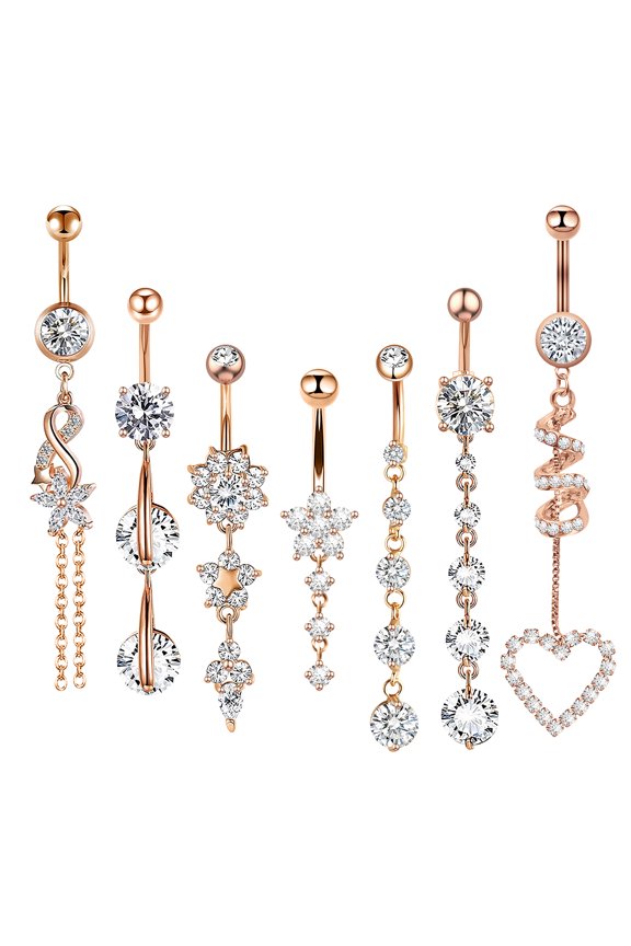 7Pcs Belly Button Ring,Long Navel Rings Dangle Piercing Jewelry,Gold,7Pcs