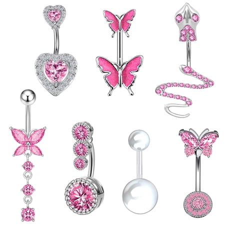 Designice 7Pcs Belly Button Ring Surgical Steel Navel Rings Shiny Belly Button Piercing Pink