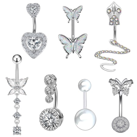 Designice 7Pcs Belly Button Ring Surgical Steel Navel Rings Shiny Belly Button Piercing Silver