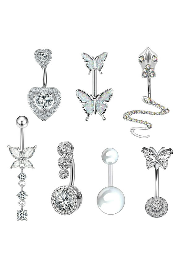 7Pcs Belly Button Ring Surgical Steel Navel Rings Shiny Belly Button Piercing Silver