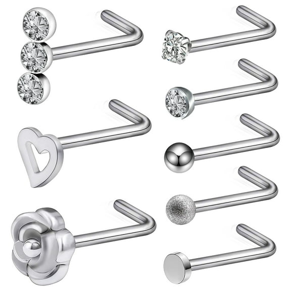 Designice 8 Pcs Nose Rings L Shaped Nose Studs Flower 20G Heart Nose Screws Rings Set