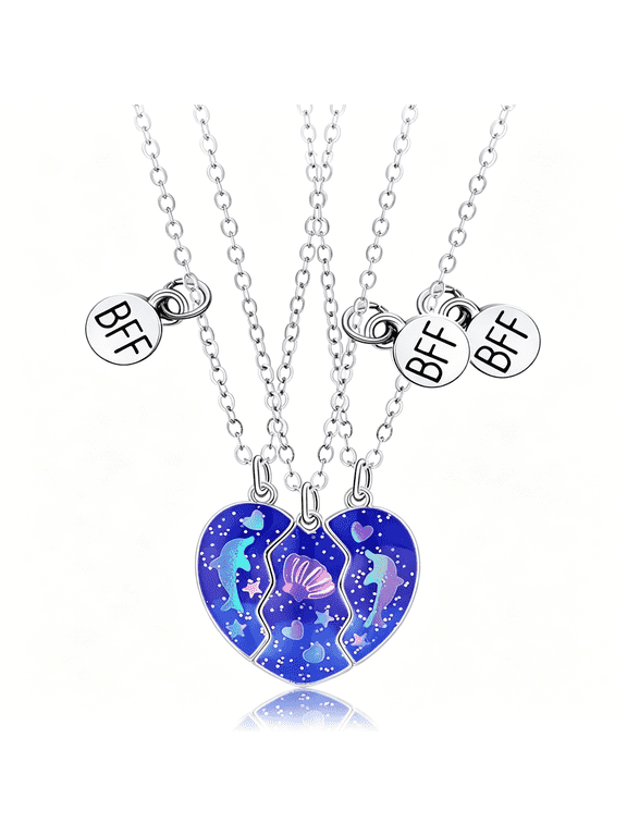 BFF Friendship Necklace for 3 Matching Heart Pendant Magnetic