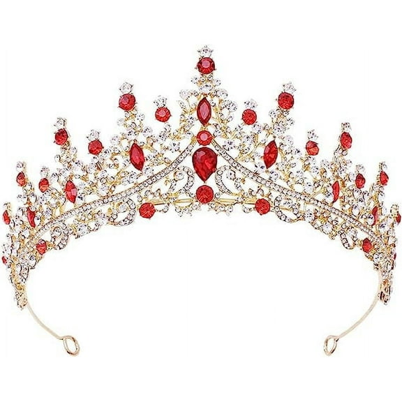 Designice Baroque Rhinestone Crystal Alloy Queen Tiara Crown with Clips, Red