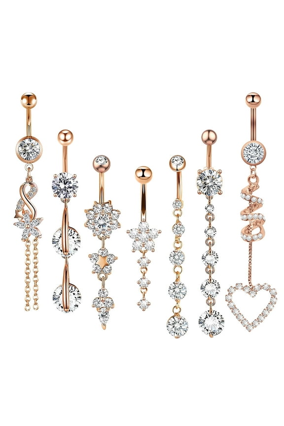 Belly Rings,14G Long Belly Button Ring,Dangle Piercing Jewelry,Gold,7Pcs