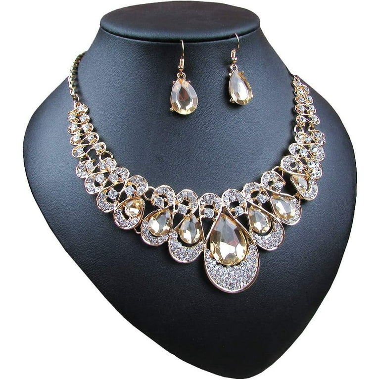 COUTEXYI Drop Rhinestone Pendant Necklace and Earrings Jewelry