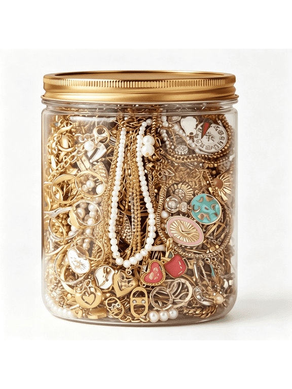 Gold Mystery Jewelry Pack - 10-Piece Mystery Jar Set, Assorted Gold-Tone Earrings, Rings, Necklaces, Gift-Ready Packaging for Women